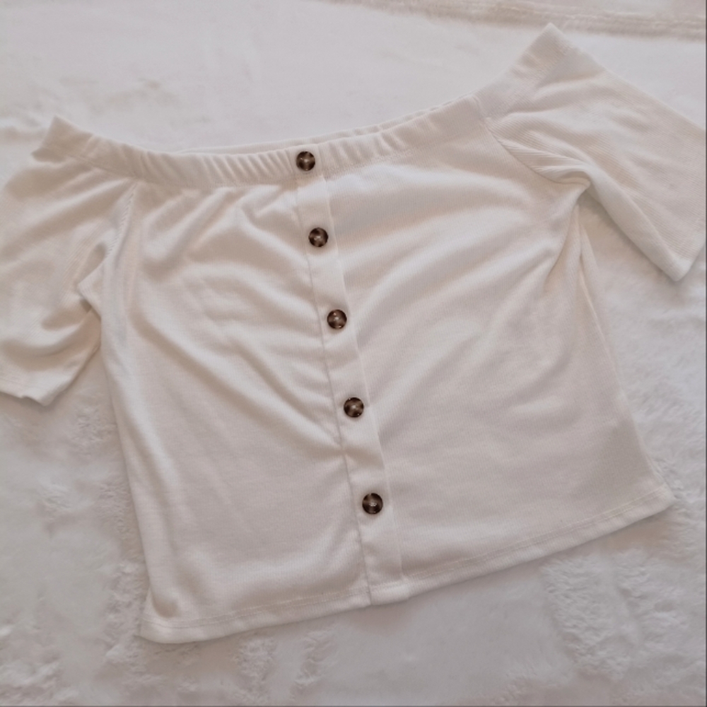 White Ribbed Off Shoulder Crop Top Buttons